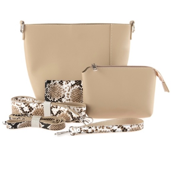 Handbags - Beige Leather Shoulder Bag with Snakeskin Straps